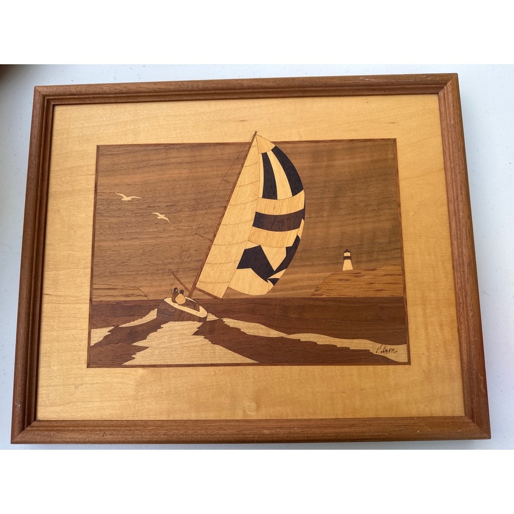 Vintage Signed Marquetry Wood Inlay Art Sailboat Lighthouse Framed 16x13.
